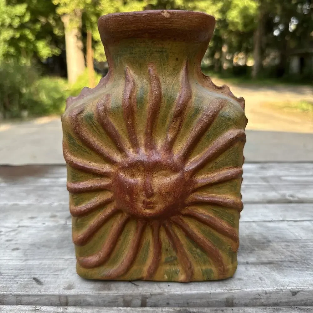 Art Pottery Clay Vase/Vessel/Bottle Raised Sun Celestial Boho Rustic
